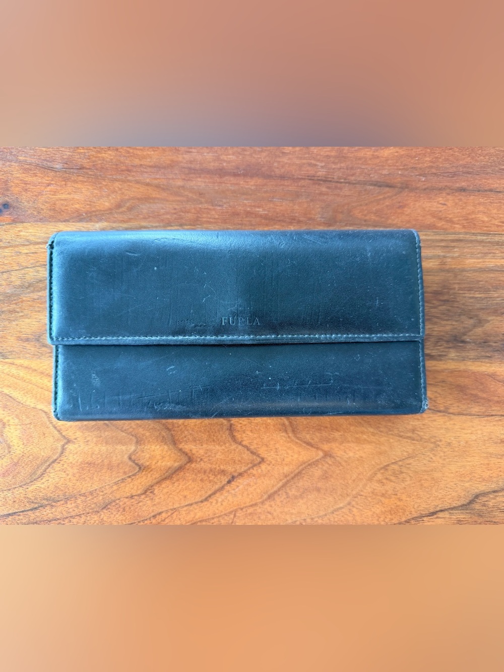 Furla Vintage Black Leather Long Flap Wallet Snap Accordion